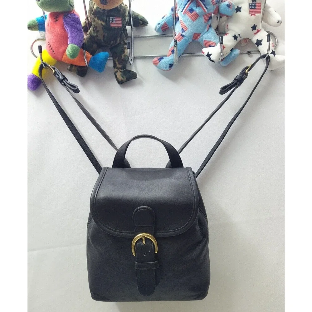 Coach Black Leather Buckle Flap Closure Top Handle Backpack -Vintage Made in USA